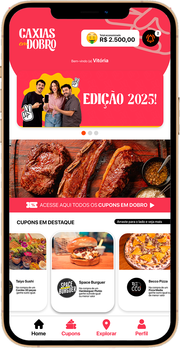 App Caxias em Dobro: tela inicial, mapa interativo e lista de cupons